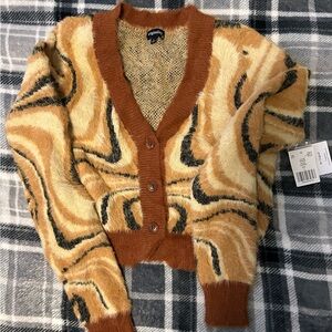Abstract Tiger Print V-Neck Cardigan with Brown Trim